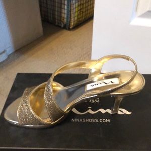 Nina Shoes-Rose Embellished Gold Stretch Heels